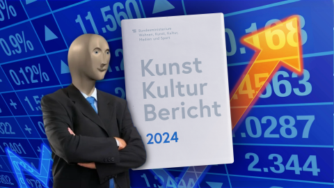 Eine Version des "Stonks-Memes", es zeigt den Meme-Man vor einem Businesschart mit nach oben zeigendem orangefarbenen Pfeil (© Adobe Stock/Kurt Kleemann), davor das Cover des Kunst- und Kulturberichts, Montage: Anton Limmer